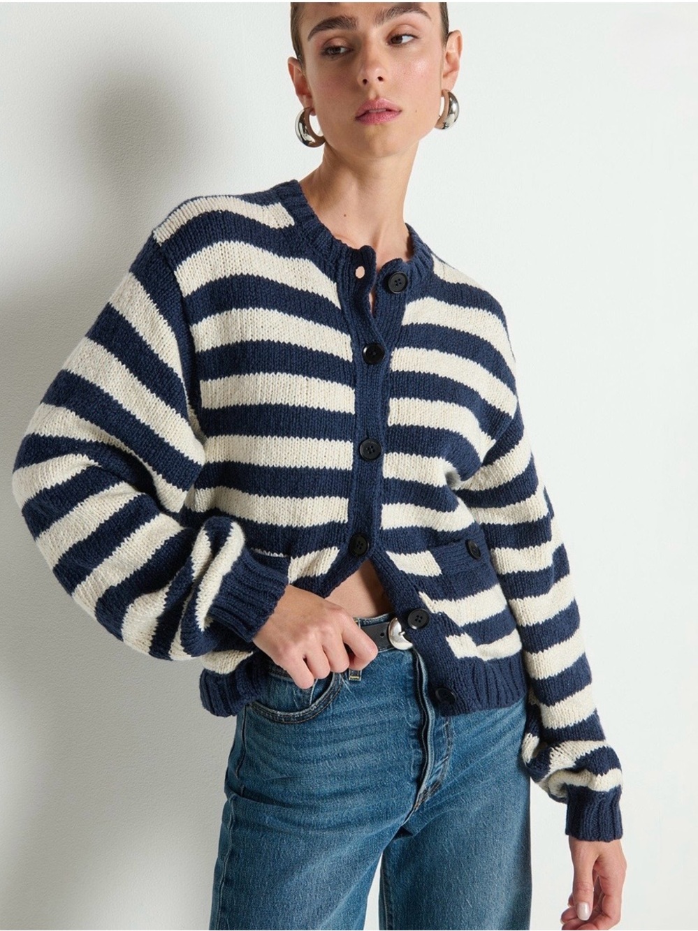 Nation Los Angeles Anthropologie Tessa Striped Navy Blue White Cardigan NEW✨M